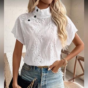 Elegant White Embroidered Cowl High Neck Top Blouse Shirt